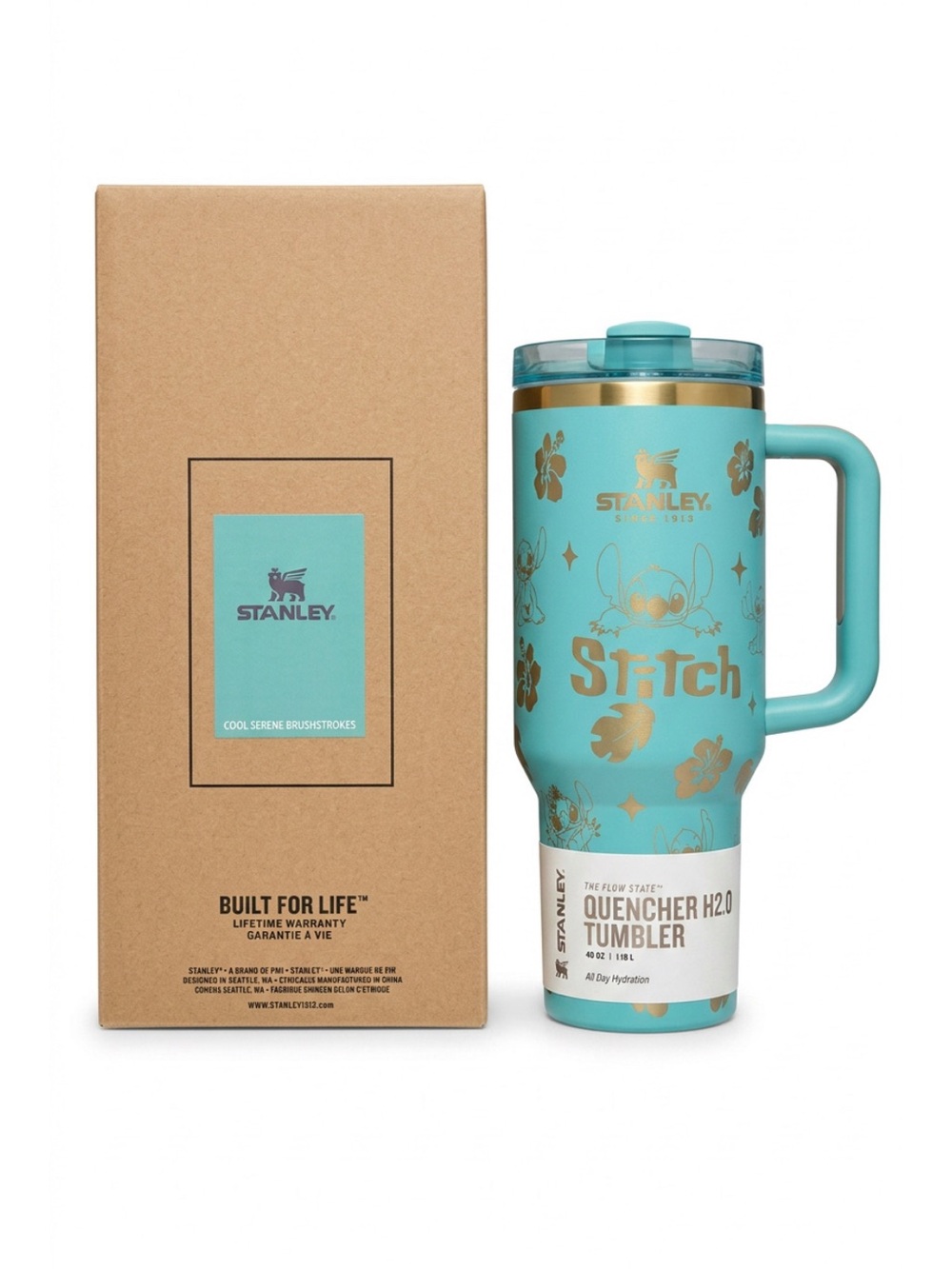 Stanley Turquoise & Gold Stitch Quencher H2.0 Tumbler with Handle